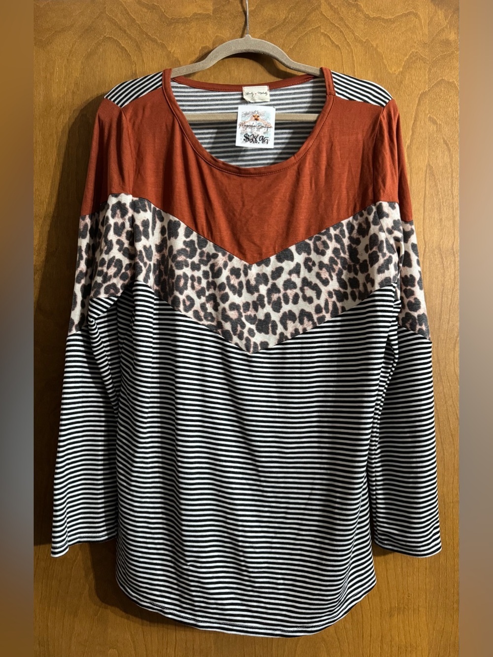 Lovely Melody Rust Chevron Leopard & Black-White Stripe Long Sleeve Top